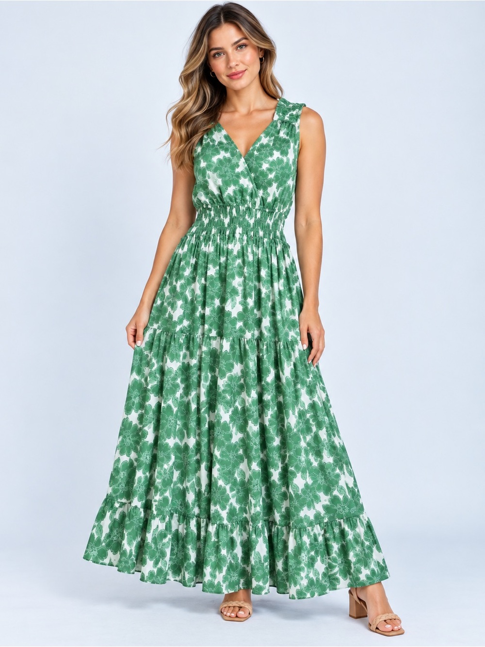 Current Air FloralFeminine Romantic Smocked Waist Tiered Maxi Dress M